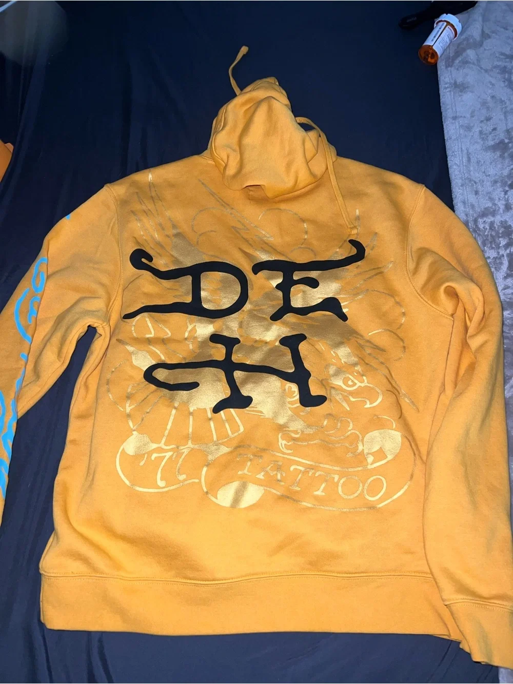 Ed Hardy Yellow Hoodie with Blue Script & Black Panther Graphic
